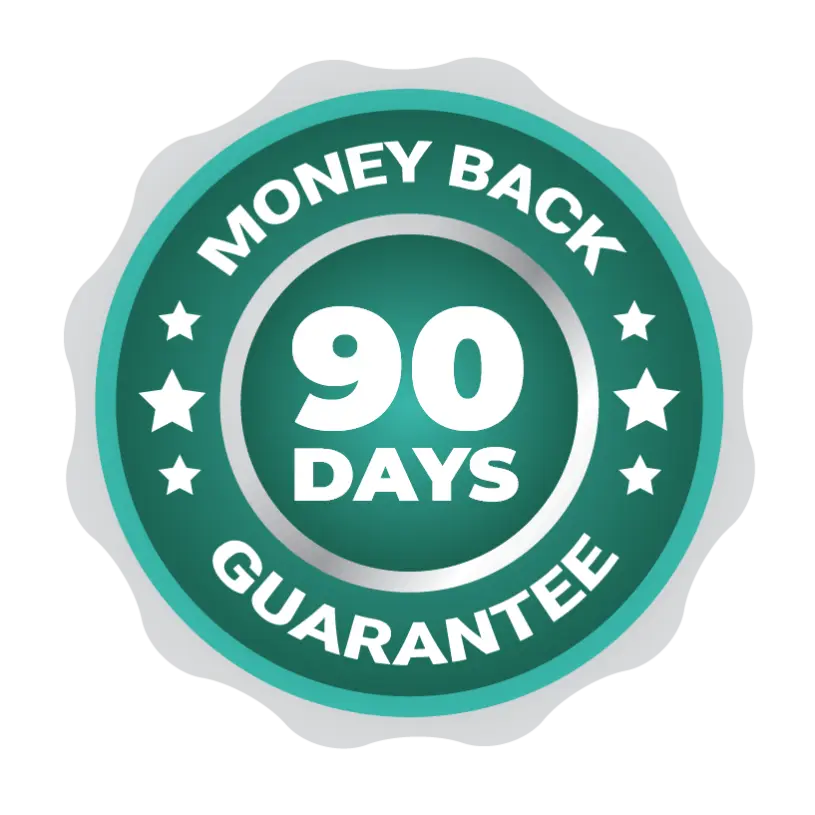 Whispeara supplement bottle with a label highlighting the 90-day 100% money-back guarantee, offering a risk-free trial for customers.