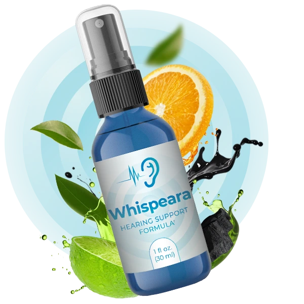 Whispeara supplement bottle with natural ingredients for hearing and brain health support, featuring a 72% discount offer.