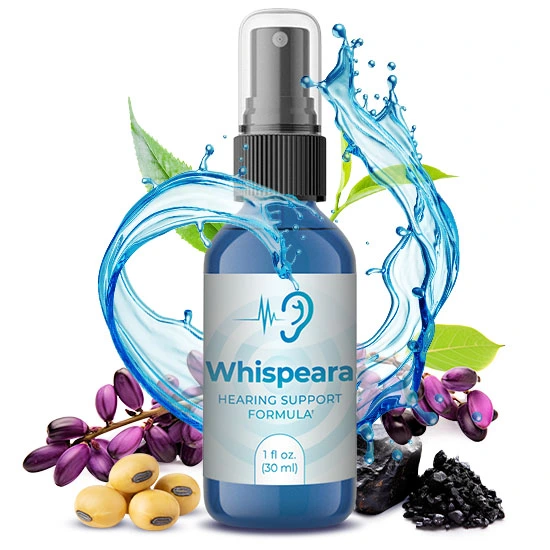 Whispeara supplement bottle with a label highlighting natural ingredients like Alpha-GPC, GABA, and L-Dopa Bean, designed to support hearing health, reduce tinnitus, and enhance cognitive function.